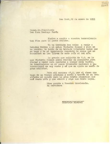 [Carta] 1955 ene. 22, New York [al] Excmo. Sr. Presidente, Don Juan Domingo Perón  [manuscrito] Gabriela Mistral.