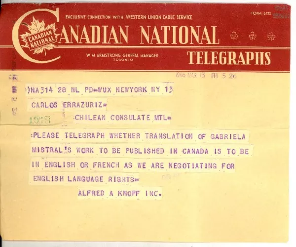 [Telegrama] 1946 Mar. 13, Canadá [a] Carlos Errazuriz, New York  [manuscrito] Alfred A. Knopf.