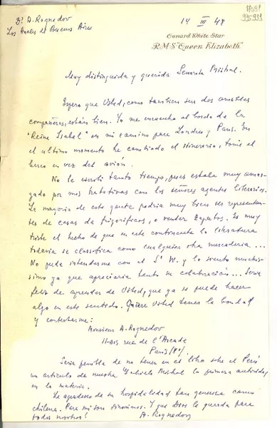 [Carta] 1948 mar. 14 [a] Muy distinguida y querida señorita Mistral  [manuscrito] Monsieur A. Rognedov.