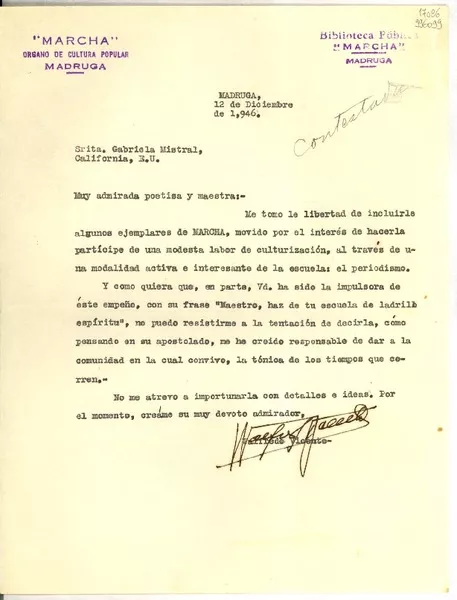 [Carta] 1946 dic. 12, Madruga, [Cuba] [a] Gabriela Mistral, California  [manuscrito] Walfredo Vicente.