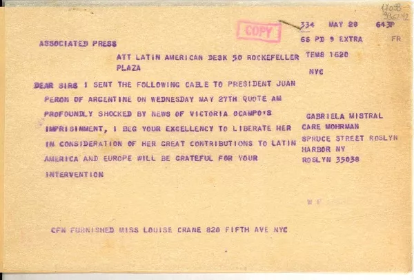 [Cable] May 28, Roslyn Harbor, NY, [Estados Unidos] [a] Associated Press  [manuscrito] Gabriela Mistral.