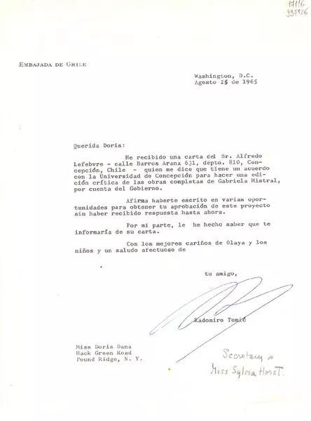 [Carta] 1965 ago. 25, Washington D. C. [a] Miss Doris Dana, Hack Green Road, Pound Ridge, N. Y.  [manuscrito] Radomiro Tomic.