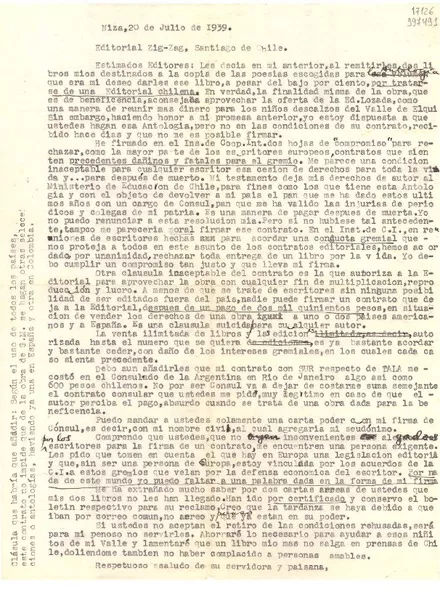 [Carta] 1939 jul. 20, Niza, [Francia] [a] Editorial Zig-Zag, Santiago de Chile  [manuscrito] [Gabriela Mistral].