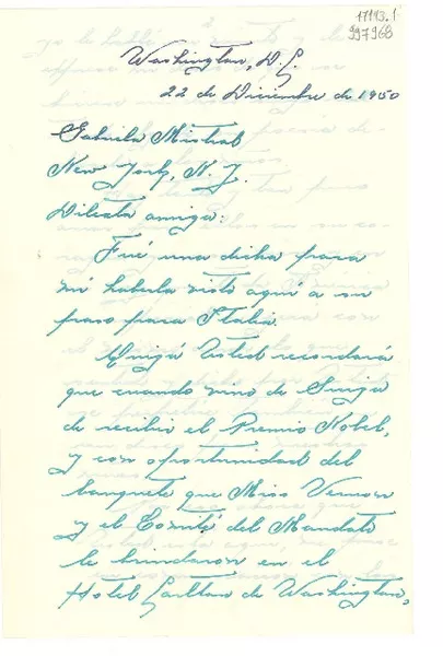 [Carta] 1950 dic. 22, Washington D. C. [a] Gabriela Mistral, New York  [manuscrito] Consuelo Reyes.