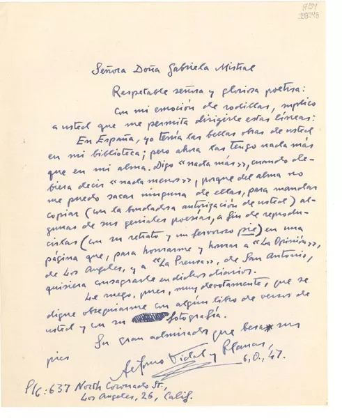[Carta] 1947 oct. 6, Los Angeles, California [a] Señora Doña Gabriela Mistral  [manuscrito] Alfonso Vidal y Planas.