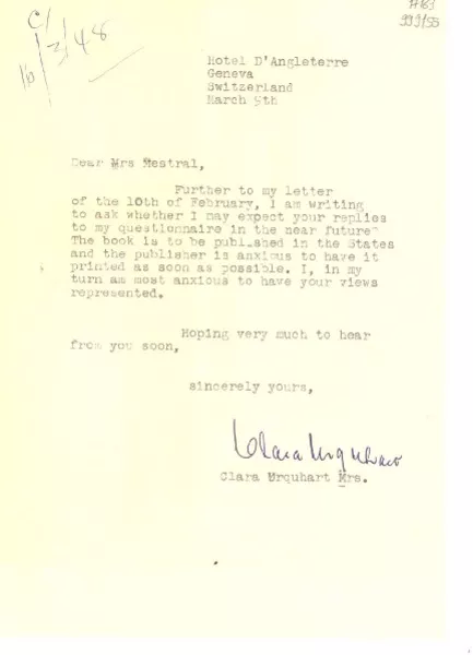 [Carta] 1948 Mar. 9, Geneva, Switzerland [a] Dear Mrs. Mestral  [manuscrito] Clara Urquhart.