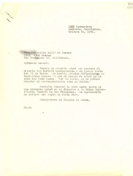 [Carta] 1946 oct. 20, Monrovia, California, [Estados Unidos] [a] Matilde Millo di Suvero, San Francisco, California  [manuscrito] Gabriela Mistral.