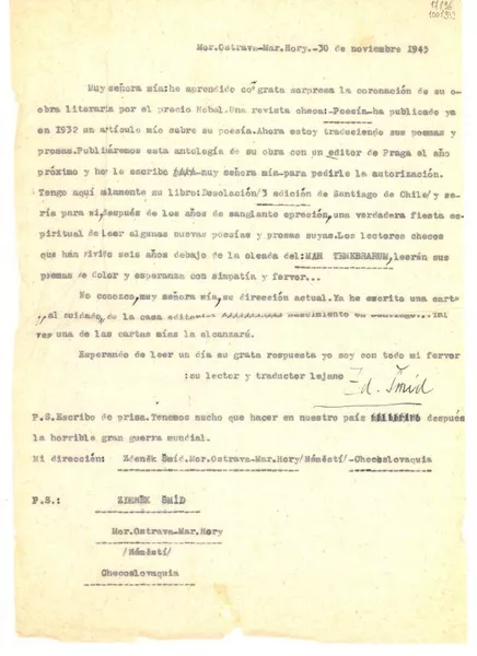 [Carta] 1945 nov. 30, Ostrava, Checoslovaquia [a] Gabriela Mistral  [manuscrito] Zdenêk Smíd.