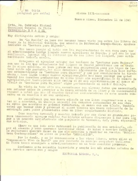 [Carta] 1941 dic. 11, Buenos Aires [a] Gabriela Mistral, Petrópolis, Brasil  [manuscrito] Editorial Losada.