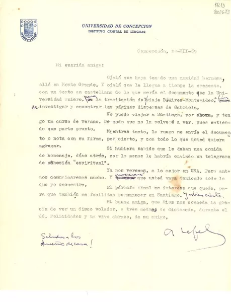 [Carta] 1965 dic. 29, Concepción, [Chile] [a] mi querida amiga [Doris Dana]  [manuscrito] [Alfredo Lefebvre].