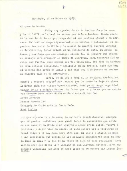 [Carta] 1965 mar. 31, Santiago [a] Doris Dana  [manuscrito] Laura Labarca.