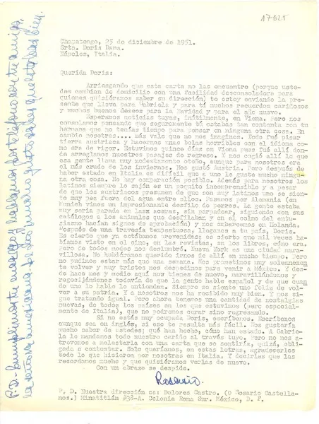 [Carta] 1951 dic. 25, Chapatengo, México [a] Doris Dana, Nápoles, Italia  [manuscrito] Rosario Castellanos.