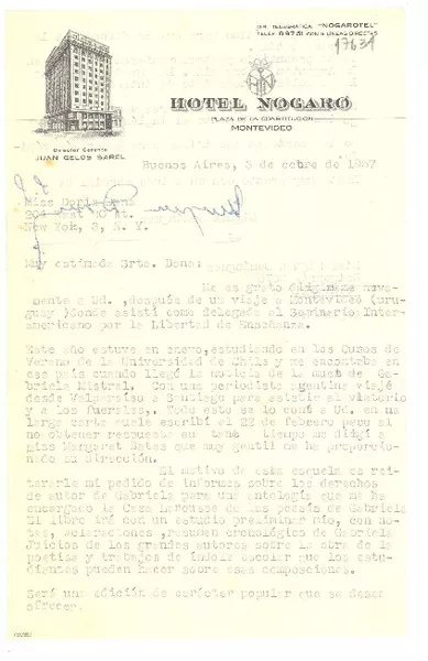 [Carta] 1957 oct. 3, Buenos Aires, Argentina [a] Doris Dana, N.Y.  [manuscrito] Mignon Domínguez.