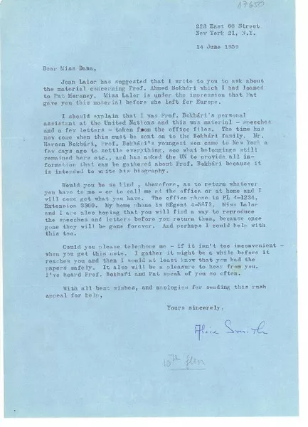 [Carta] 1959 jul. 14, New York [a] Doris Dana  [manuscrito] Alice Smith.