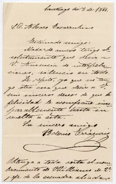 [Carta] 1866 dic[iembre] 2, Santiago [al] S. D. Alvaro Covarrubias  [manuscrito] Federico Errázuriz.