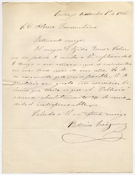 [Carta] 1866 diciembre 1, Santiago [al] S. D. Alvaro Covarrubias  [manuscrito] Federico Errázuriz.
