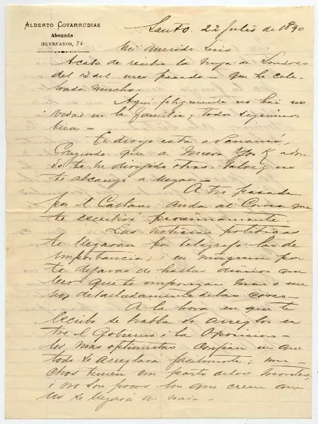 [Carta] 1890 Julio 22, [Santiago] [a] Mi querido Luis [Covarrubias]  [manuscrito] Alv[aro] Covarrubias.