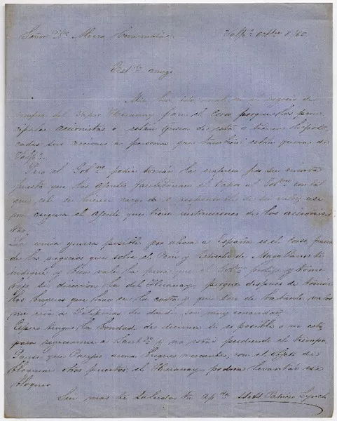 [Carta] [18]65 octbre. 8, Valp. Señor Dn. Alvaro Covarrubias : Estdo. amigo [manuscrito] Patricio Lynch.