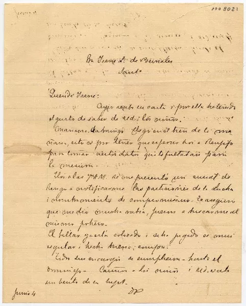 [Carta] [1891?] Junio 4, [Malloa?] pa[ra] L. de Bernales  [manuscrito] DB.