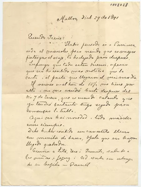 [Carta] 1891 Dic[iembre] 29, Malloa Querida Irene  [manuscrito] Daniel.
