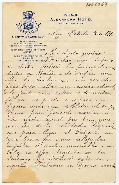 [Carta] 1915 Octubre 8, Niza Mi hijito querido  [manuscrito] Irene.