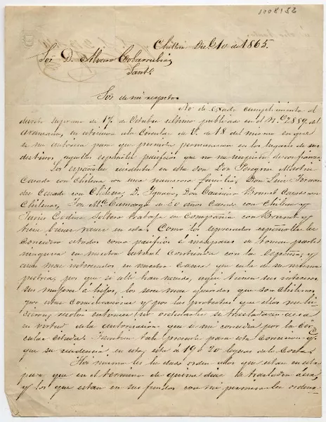 [Carta] 1865 Dic[iembre] 10, Chillán [al] Sor D. Álvaro Covarrubias  [manuscrito] Gonzalo Gazmuri.
