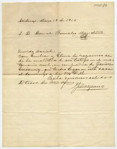 [Carta] 1910 marzo 19, Santiago [a] S. D. Daniel Bernales Mancheño  [manuscrito] Fernando Lazcano.
