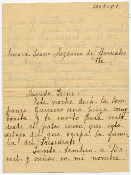 [Carta] 1908 diciembre 14, [Santiago a] Señora Irene Lazcano de Bernales  [manuscrito] Emilia Errázuriz de Lazcano.