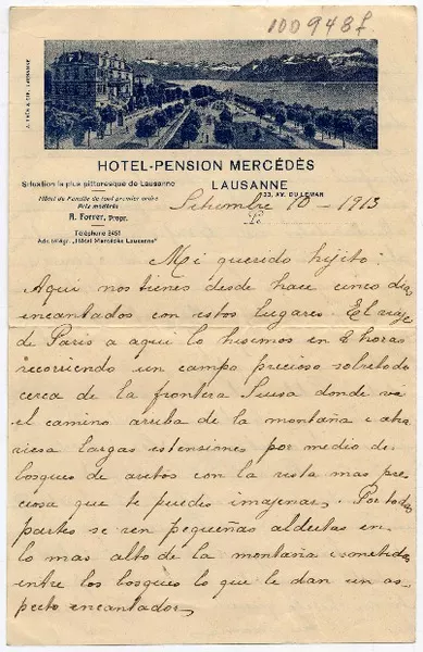 [Carta] 1913 Setiembre 10, [Suiza] [a] Mi querido hijito  [manuscrito] [Irene Lazcano Echaurren].