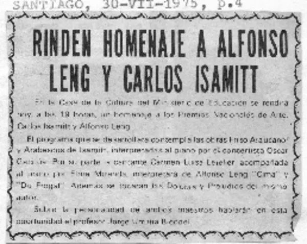 Rinden Homenaje a alfonso Leng y Carlos Isamitt.  [artículo]