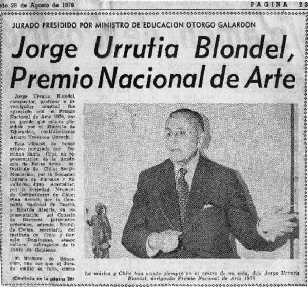 Jorge Urrutia Blondel, Premio Nacional de Arte  [artículo]
