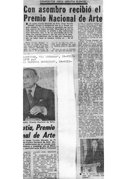 Compositor Jorge Urrutia Blondel: Con asombro recibió el Premio Nacional de Arte [artículo]