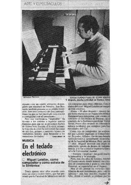 Música en el teclado electrónico Miguel Letelier, como compositor y como solista de la Sinfónica [artículo]