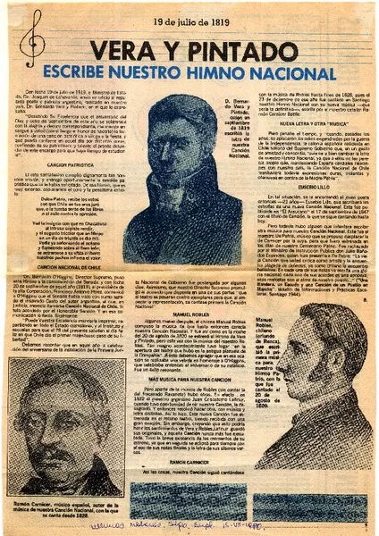 Vera y Pintado escribe nuestro himno nacional 19 de julio de 1819 [artículo]