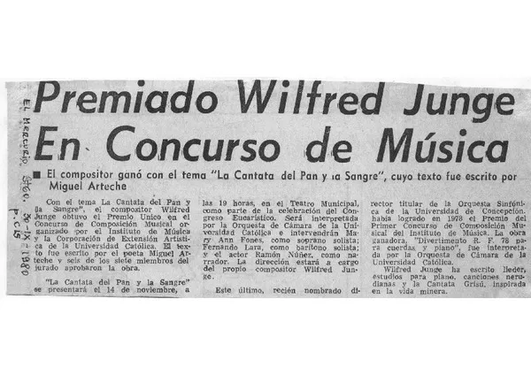 Premiado Wilfred Junge en concurso de música  [artículo]