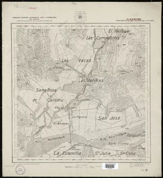Catemu Departamentos de Quillota, Putaendo i Los Andes [material cartográfico] : Estado Mayor Jeneral del Ejército de Chile, Departamento de Levantamiento.