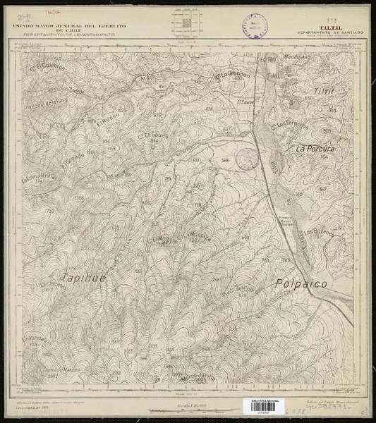 Tiltil Departamento de Santiago [material cartográfico] : Estado Mayor Jeneral del Ejército de Chile, Departamento de Levantamiento.