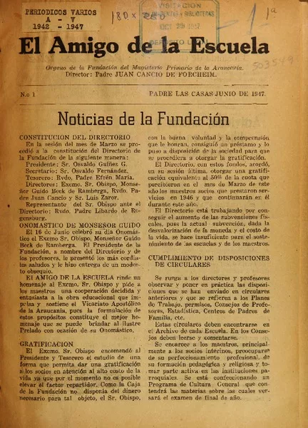 El Amigo de la escuela órgano de la Fundación del Magisterio Primario de la Araucanía.