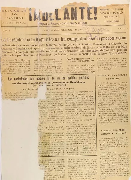 Adelante órgano del Congreso Social Obrero de Chile.