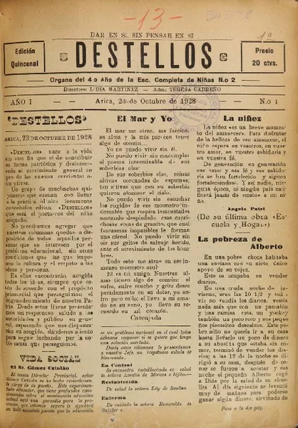 Destellos órgano del 4o. año de la Escuela completa de Niñas No. 2.