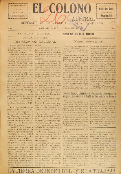 El Colono Austral órgano oficial de los Comités de Colonización.