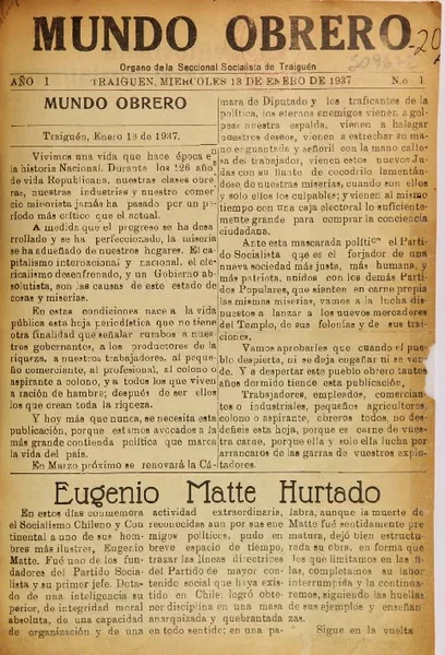 Mundo Obrero Organo de la seccional socialista de Traiguén.