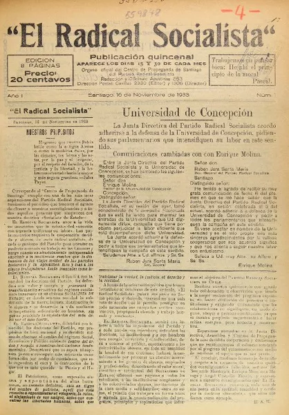 El Radical Socialista órgano oficial del Centro de Propaganda de Santiago del Partido Radical-Socialista.