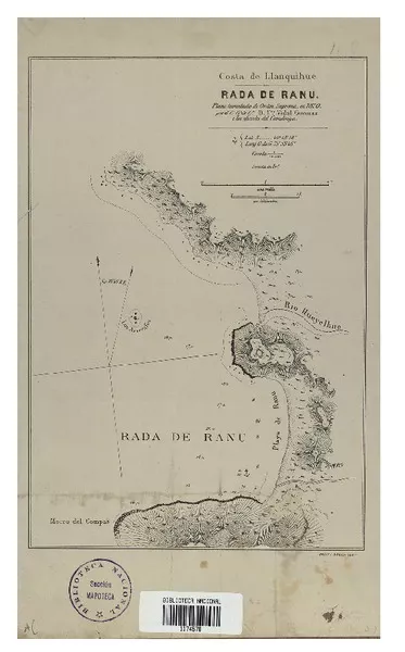 Rada de Ranu Costa de Llanquihue [material cartográfico] : plano levantado de Orden Suprema, en 1870, por el Cn. Go. de Ca. D. Fco. Vidal Gormaz i los oficiales del Covadonga.