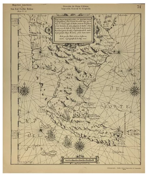 Reconocimiento de los estrechos de Magallanes y San Vicente mandado hacer por su Mg. en el Real Consejo de Indias : partieron de Lisboa en 21 de Septiembre de 1618, y llegaron de buelta a San Lucar a 9 de Julio de 1619, Cabo de dos Caravelas Bartholome Garcia de Nodal y Capitan Goncalo de Nodal, Cosmographo Diego Ramirez, Piloto Juan Manco [material cartográfico] : Echa por don Pedro de Texeira Ealberras, cosmographo de su Mg.