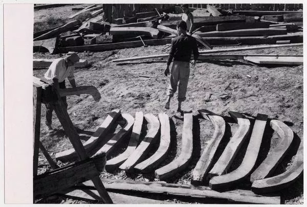 [Carpinteros de ribera; construyen embarcaciones en el Astillero]  [fotografía] Domingo Ulloa.