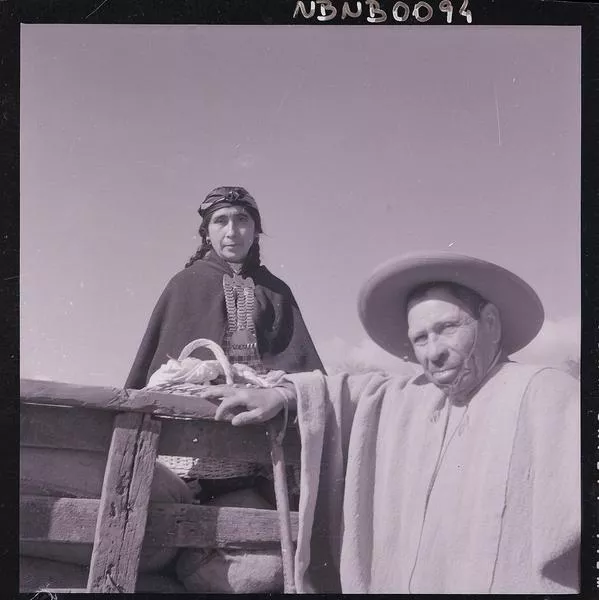[Pareja de mapuches, canasto y saco de víveres en una carreta]  [fotografía] Ignacio Hochhäusler.