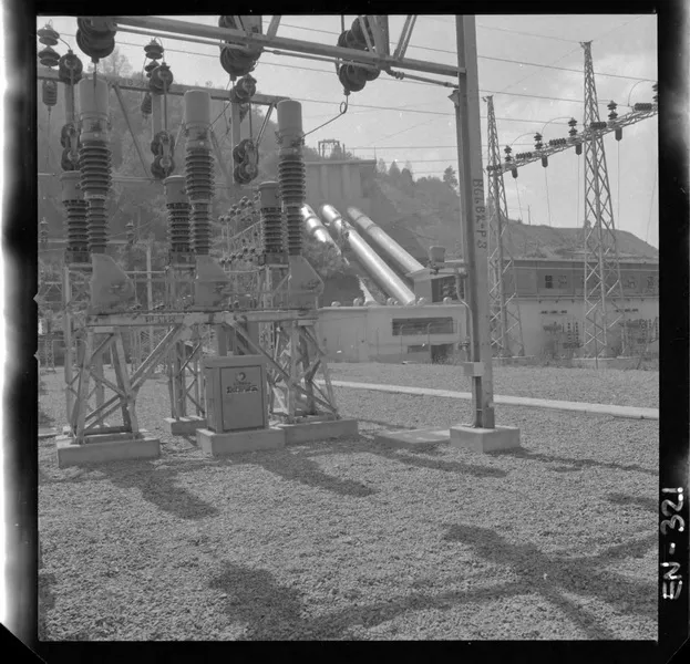 [Patio de alta tensión y torres de conducción, junto al edificio de la Central "Pullinque"]  [fotografía] Luis Ladrón de Guevara.