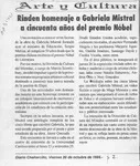 Rinden homenaje a Gabriela Mistral a cincuenta años del Premio Nobel  [artículo].