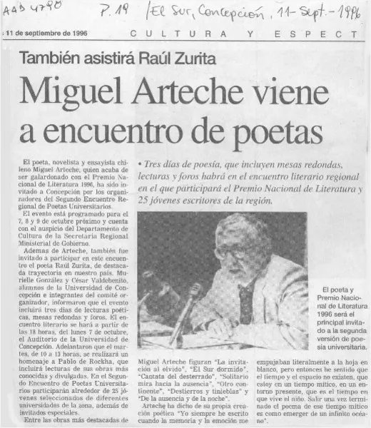 Miguel Arteche viene a encuentro de poetas  [artículo].